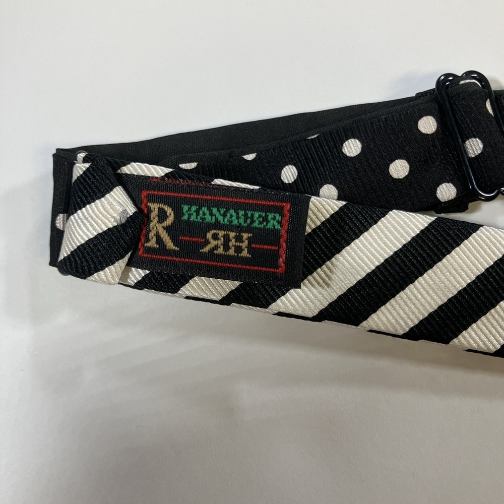 R Hanauer Silk Bow Tie Black White Polka Dot & Stripe Self Tie Adjustable - Picture 4 of 7